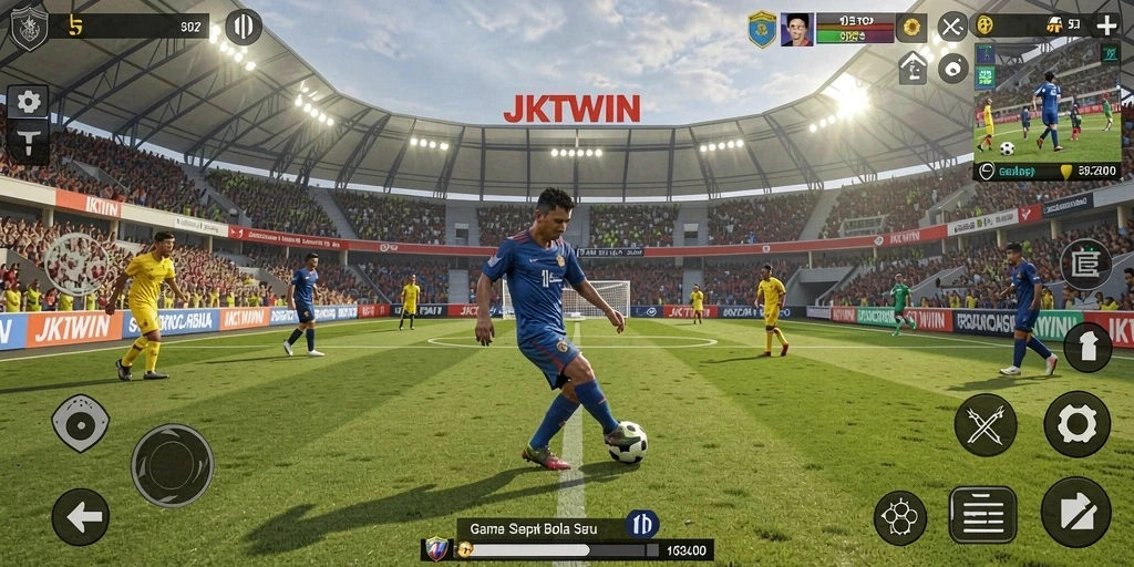 Gameplay JKTWIN menampilkan aksi sepak bola yang mendebarkan dan grafis memukau.