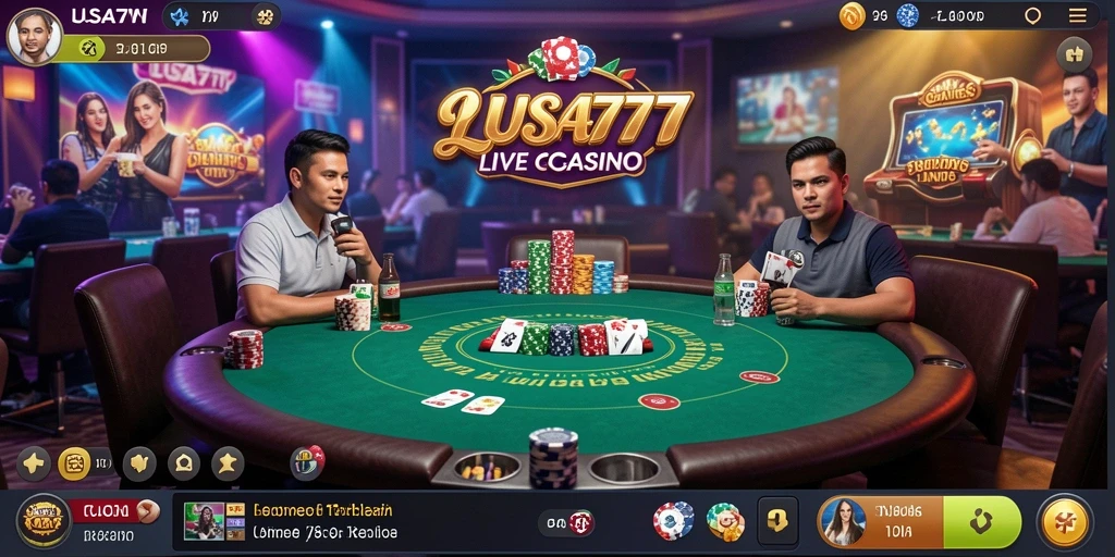 Screenshot gameplay Live Casino di LUSA777 yang menampilkan dealer dan pemain.