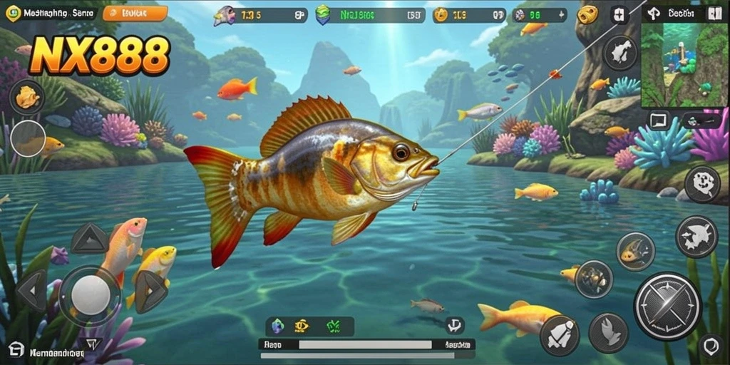 Tampilan gameplay NX888 yang seru dengan aktivitas memancing yang menarik.