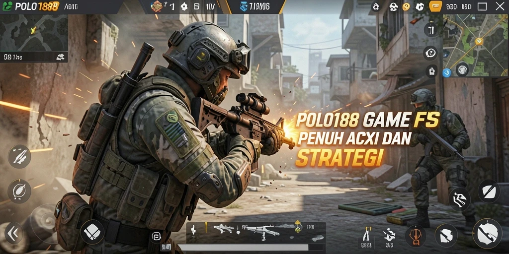 Screenshot gameplay POLO188 dengan aksi menegangkan dalam pertempuran FPS.