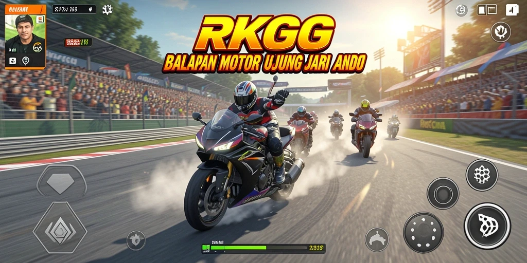 Tampilan gameplay RKGG dengan motor balap di lintasan menantang.